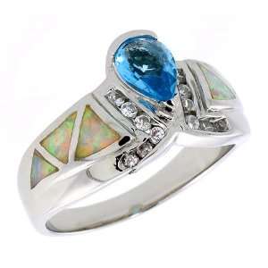 Sterling Silver, Synthetic Pink Opal Ring, w/ Pear Shape Blue Topaz CZ 