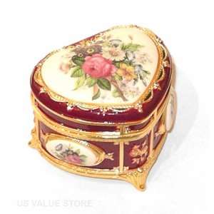   Box, Heart Shape Victorian Floral Musical Box Wine Red