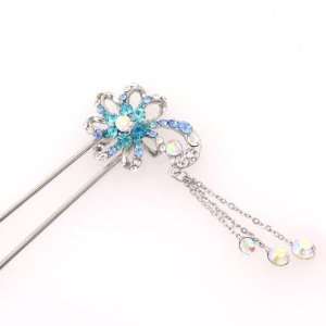   Rhinestone 2 Prong Floral Hair Stick Fork with Tassels Blue: Beauty