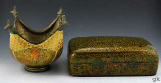 Kashmir India Hand Made Wood Box & Bowl Green Gilding  