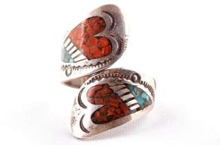 Ring features a turquoise and coral inlaid design set in sterling
