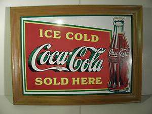   Cola Sign Wood Frame Ice Cold Sold RARE Reproduction 15 x 20  