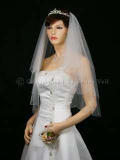 2T White Elbow Scalloped Silver AB Beaded Edge Bridal Wedding Veil 