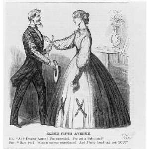 Scene,Fifth Avenue,Cartoon,well dressed man greeting woman,1862,Harper 