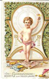 1907 German New Year postcard embossed child toasting  