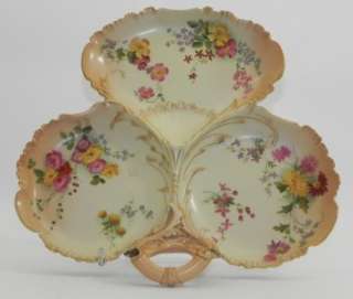 ROYAL WORCESTER HANDPAINTED BLUSH TREFOIL SERVING DISH 1907  