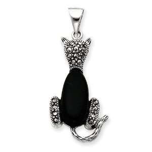  Sterling Silver Marcasite & Onyx Cat Pendant: Jewelry