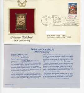 FDC & 22k Gold Stamp Delaware Statehood 200th Ann. 1987  