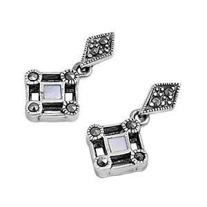   Silver Diamond Shape Pearl & Marcasite Dangling Earrings Jewelry
