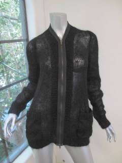 Alexander McQueen Black Crochet Full Zip Leather Pipped Sweater S 