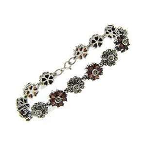   Sterling Silver Marcasite and Red Alternating Flower Bracelet: Jewelry