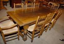 English Abbey Rustic Refectory Table & 8 Spindleback Chair Set 