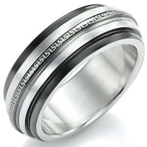 Beautiful Mens Stainless Steel Greek Style Ring Band 9mm (Silver Black 