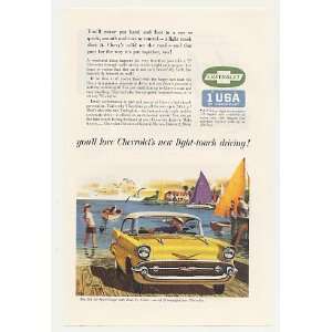   Yellow Chevy Bel Air Sport Coupe Boat Dock Print Ad