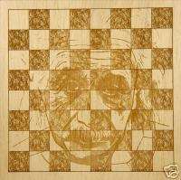 Carved Wood Chess Board, Einstein image background  