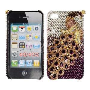3D Purple Peacock SWAROVSKI CRYSTALS BLING COVER CASE 4 Apple iPhone 4 