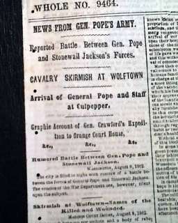 WOLFTOWN Stonewall Jackson 1862 Civil War OLD Newspaper  