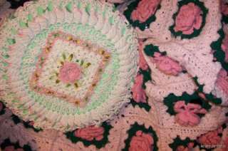 vintage crocheted lace afghan PINK ROSES Shabby Cottage Charm LARGE 