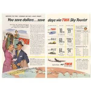   TWA Airlines Sky Tourist Flight Routes 2 Page Print Ad