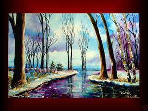 XL Original painting landscape winter trees Art by ELKA  