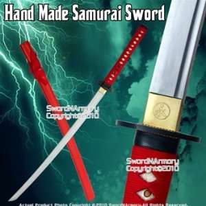  Handmade Samurai Katana Sword w/ Musashi Tsuba Red Scab 