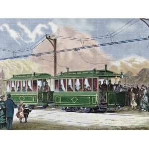  Electric Streetcar, 19th Century Colored Engraving 