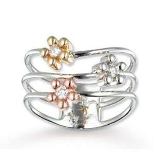  14k Tri Tone Gold Diamond Triple BandFlower Ring Jewelry