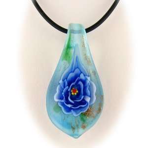 Blue Murano Glass Flower Pendant Rubber Cord 18 Inch Necklace Sterling 