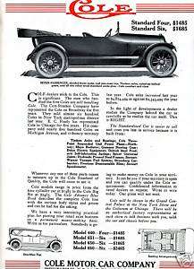 1915 COLE 7 Passenger TOURING Car AD. 4 & 6 Cylinders  