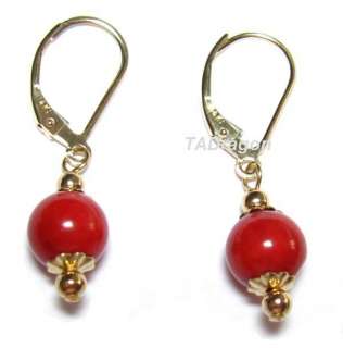 8MM GENUINE RED CORAL 14K GOLD LEVER BACK EARRINGS  