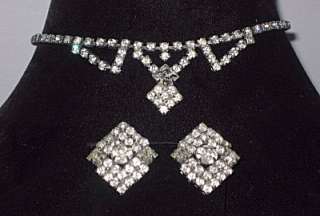 Vintage Diamond Shape Rhinestone Necklace Choker Plus EarringsNecklace