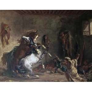  Arabian Horses Fighting In a Stable by Eugene Delacroix 