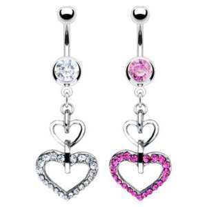    Belly ring with dangling jeweled linked hearts, clear Jewelry