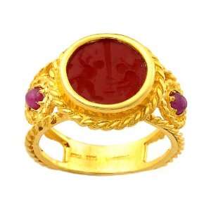   14k Yellow Gold Red Venetian Glass and Rubies Ring, Size 7: Jewelry