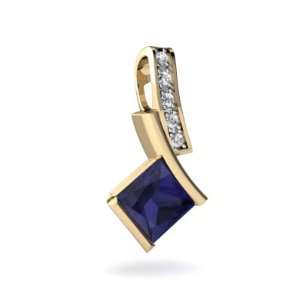  14K Yellow Gold Square Genuine Sapphire Pendant Jewelry