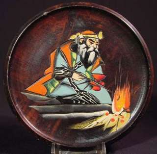 Wooden Souvenir Plate Ainu Chieftain Tending a Ritual Fire  