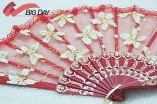  Wedding Dance Silk Hand Fan Lace Border Floral Design Red  