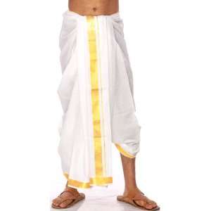  White Dhoti from Kerala with Golden Border   Pure Silk 