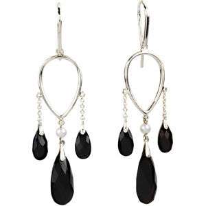 Silver/Onyx /Pearl Chandelier Earrings Almost 2 Long  