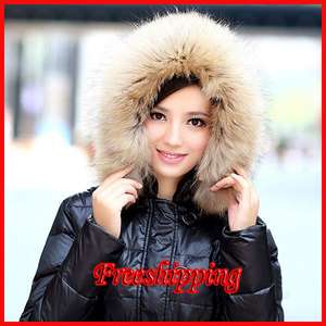 Glossy Womens Real Fur Hooded Winter Long 90%Duck Down Jacket Coat 