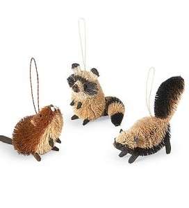   of 3 Bottle Brush Buri Woodland Animals Beaver Skunk Raccoon Ornaments
