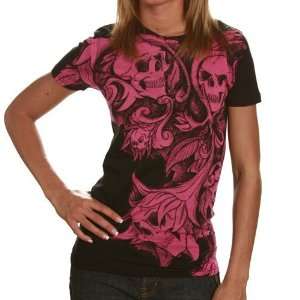  Hostility Ladies Black Vine Skull T shirt: Sports 