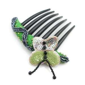    Hand Beaded Sequined French Twist Butterfly Hair Comb Green Beauty