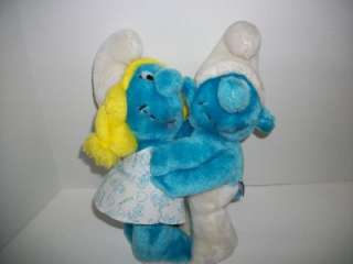   Vintage 1982 Peyo Plush Smurf and Smurfette Attached Dolls Hugging