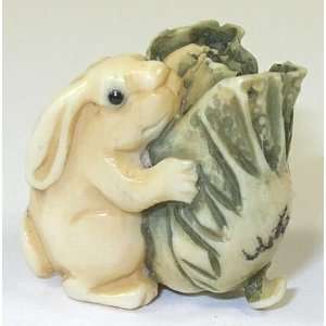  Baby Bunny & Lettuce ~ Mini Mammoth Ivory Netsuke