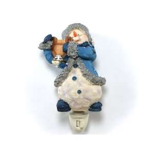     Classic Snowman in Light Blue Coat, Playing Harp