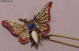   Faux Ruby, Sapphire, Pearl Trembler Butterfly Pin 5 Inches  