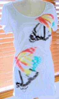 ROXY~ WHITE BUTTERFLY SCOOP NECK TEE SHIRT  
