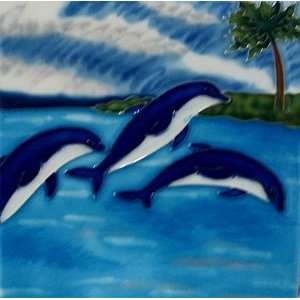  Beach Scene w/ Dolphins & Palm Tile Trivet Wall Plaque 