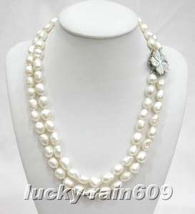 2rows 12mm NATURAL white Baroque pearls necklace  